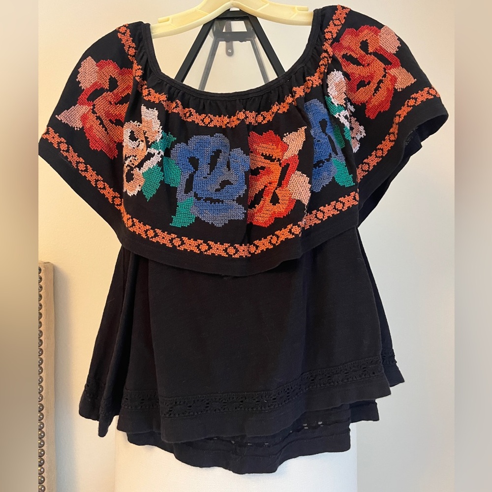 Free People XS Embroidered Floral Off-Shoulder Top
